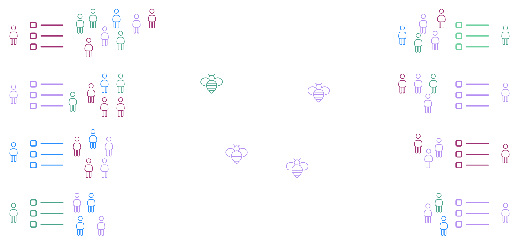 Stick figures gathering into groups around different pieces of work